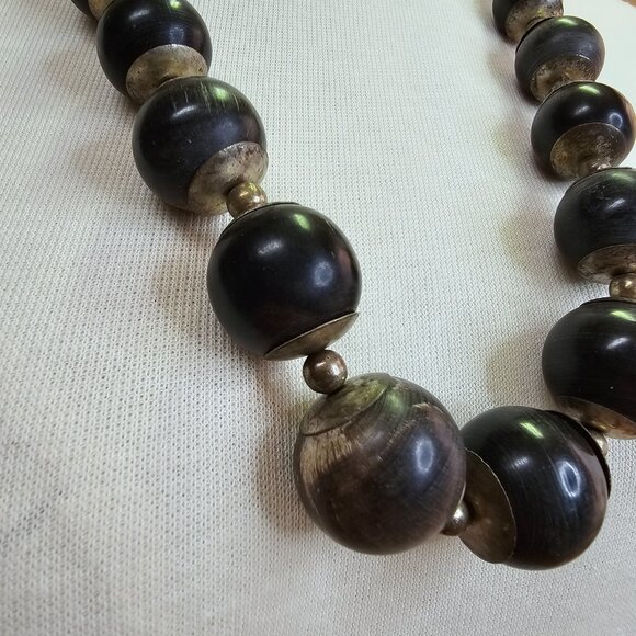 Vintage Chunky Dark Wood & Metal Bead Necklace - Picture 2 of 8